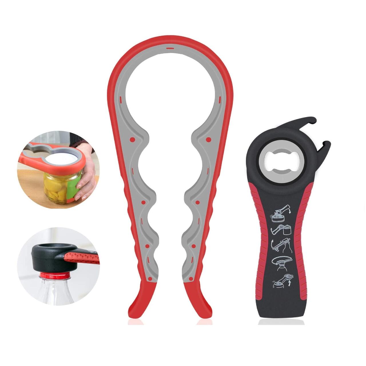 Abridor de frascos e tampas com apoio para os dedos, ideal para idosos com pouca força nas mãos, abre-cápsulas multifuncional 4 em 1. 