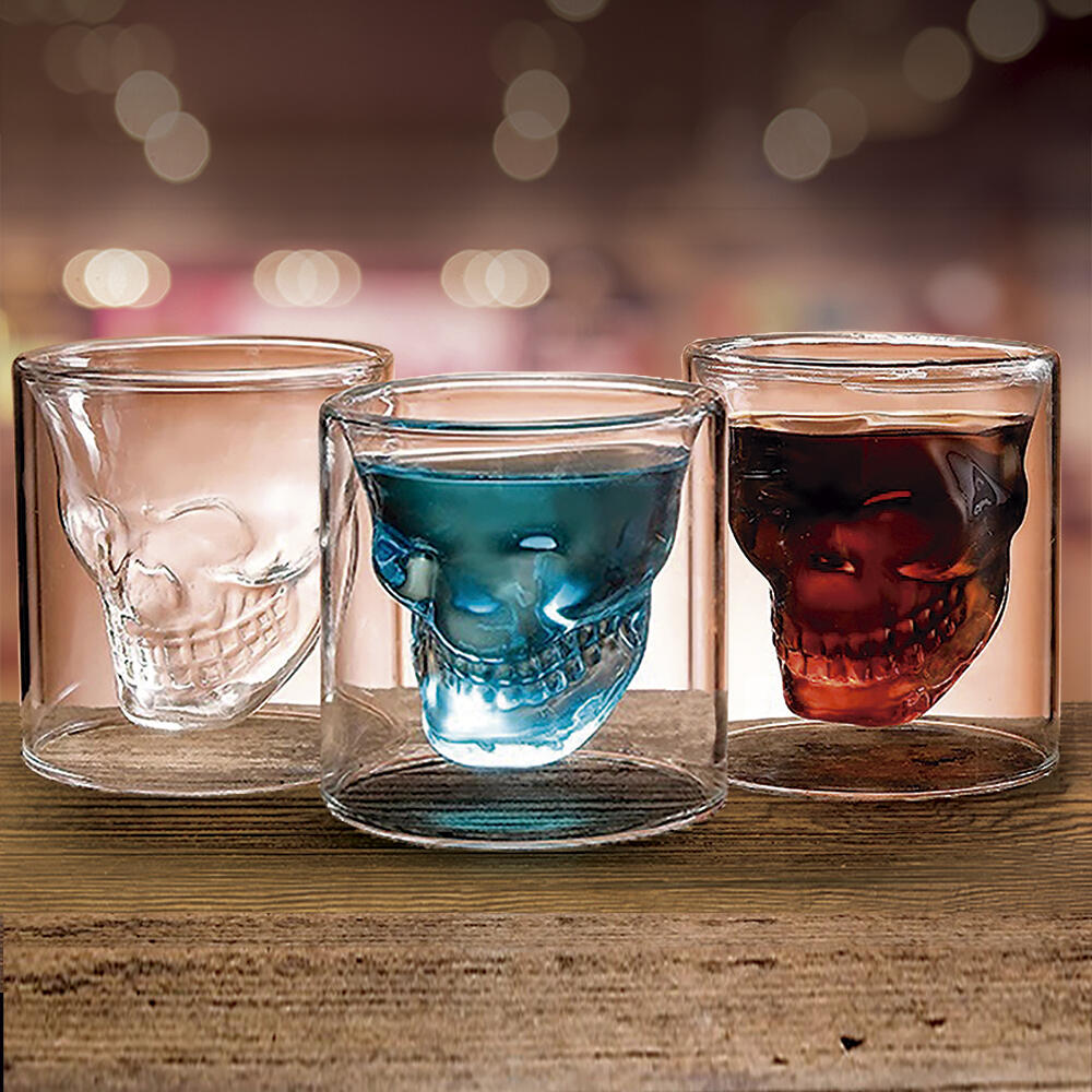 Juego de 3 vasos de chupito de cristal en forma de calavera en 3D de 130 ml