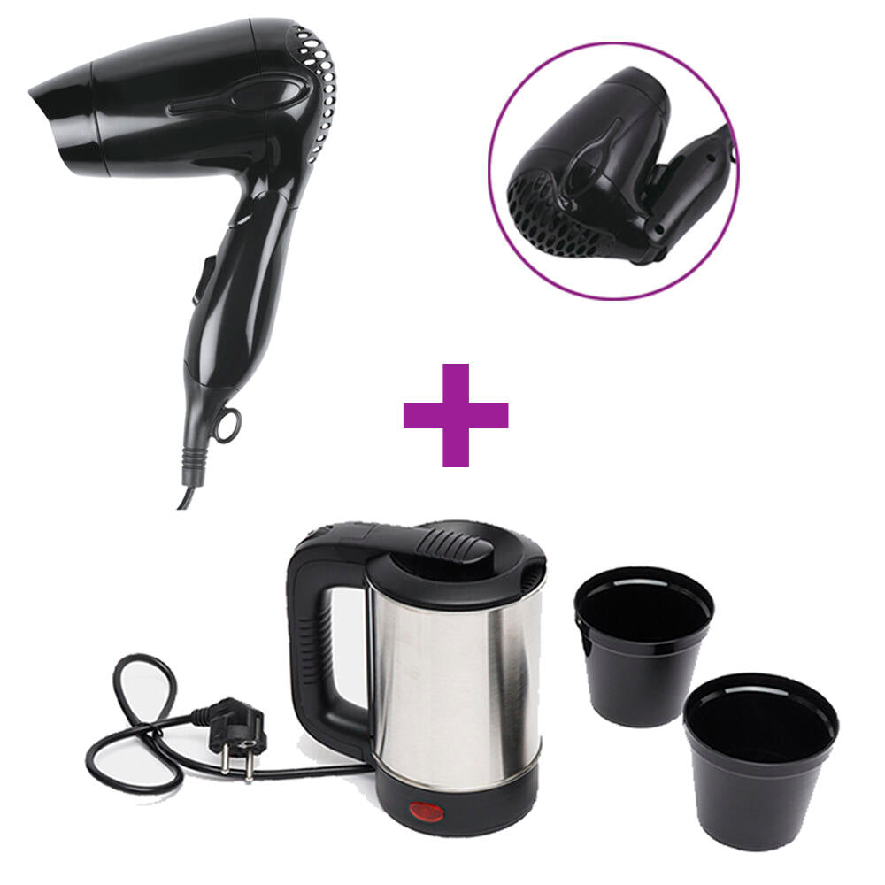 Kit de viagem: Secador de cabelo com cabo dobrável e chaleira elétrica de viagem em aço inoxidável de 0,5L.